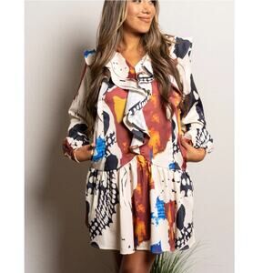 Mulla large Multicolor mini dress ruffle neck long‎ sleeve art to wear